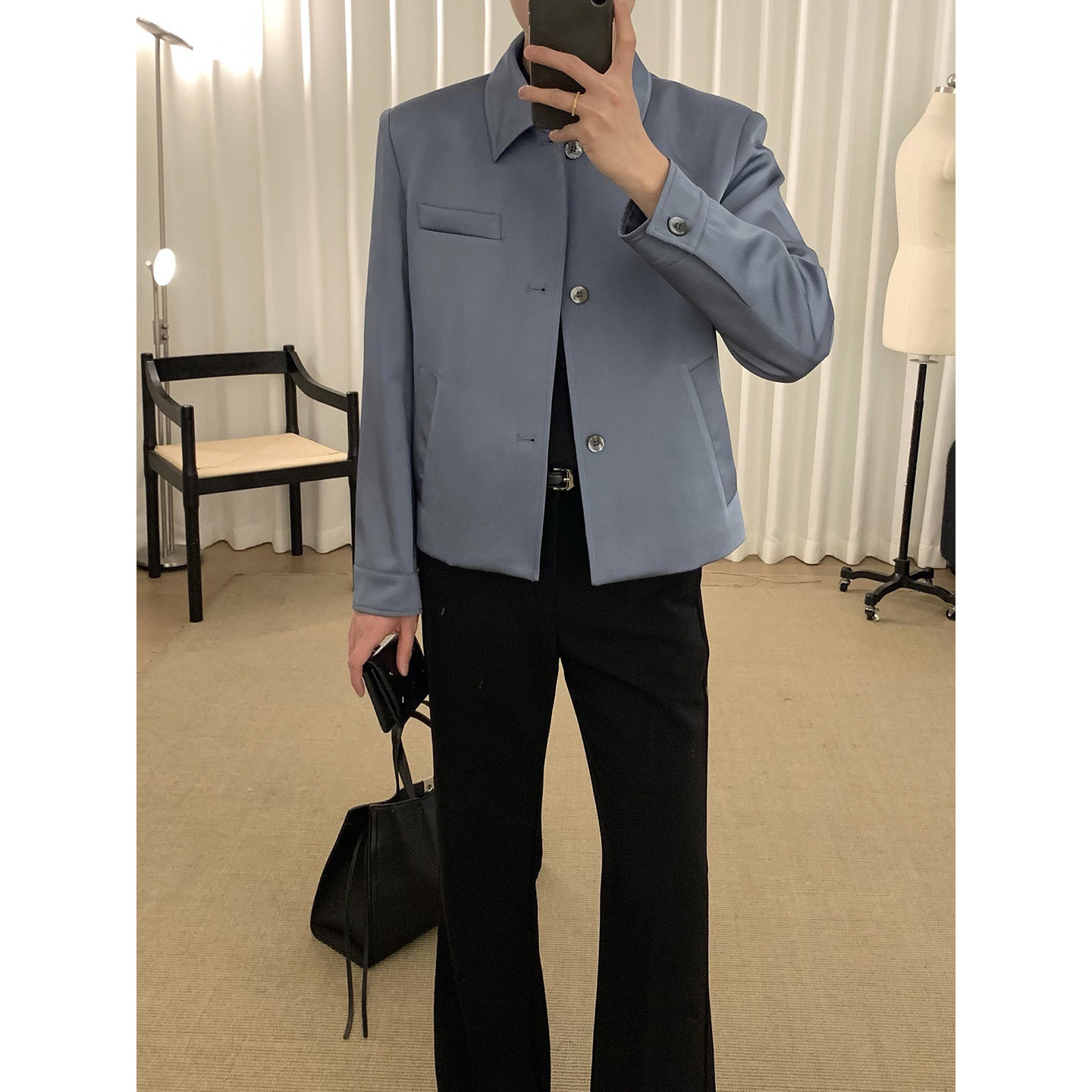 阿茶与阿古雾蓝色缎感外套男款春季高级感宽松休闲翻领夹克上衣