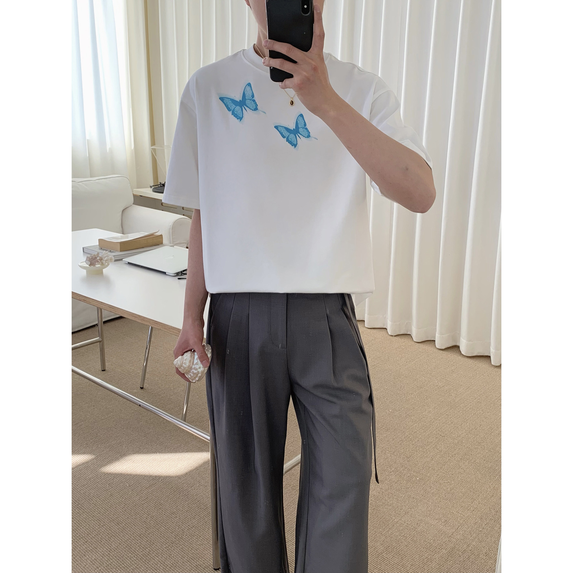 阿茶与阿古白色蝴蝶短袖t恤男夏2025新款宽松休闲纯棉情侣装上衣