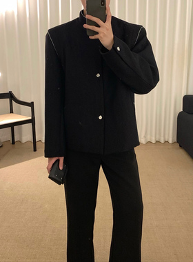 阿茶与阿古【古韵新中式】黑色暗纹羊毛外套男款秋冬休闲立领夹克