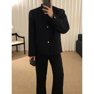 阿茶与阿古【古韵新中式】黑色暗纹羊毛外套男款秋冬休闲立领夹克