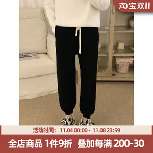 阿茶与阿古两色针织裤子男冬季新款韩版潮牌宽松百搭休闲束脚裤