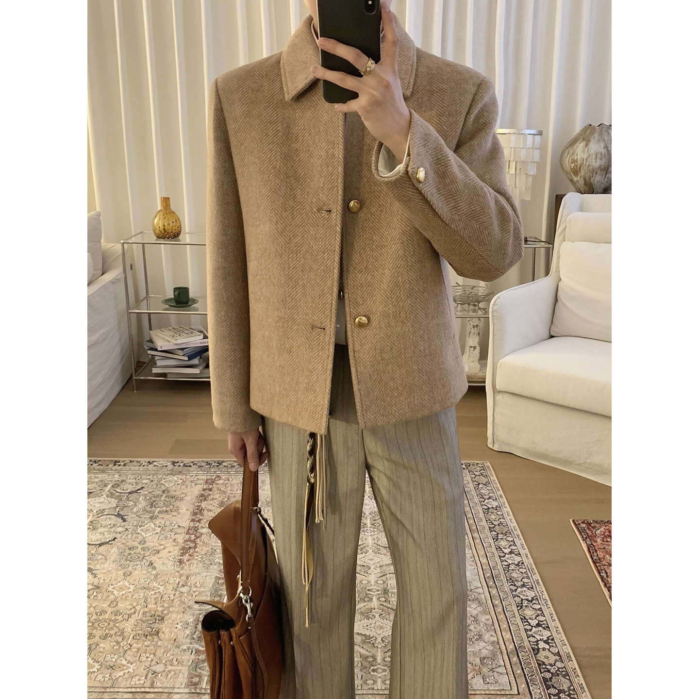 阿茶与阿古金棕人字纹羊毛外套男款秋季高级简约宽松休闲夹克上衣
