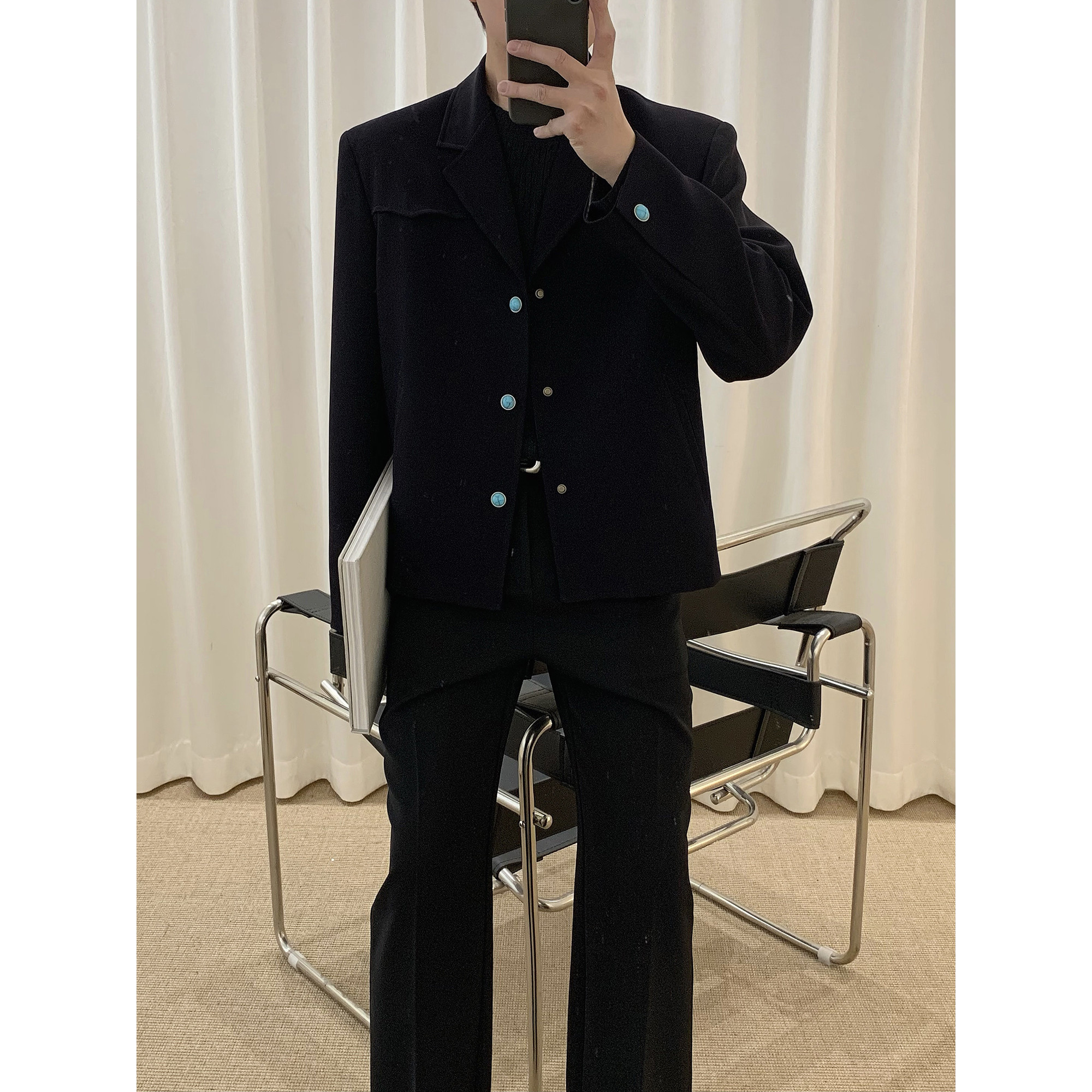 阿茶与阿古高定绿松石西装外套男款韩版高级感短款设计休闲西服