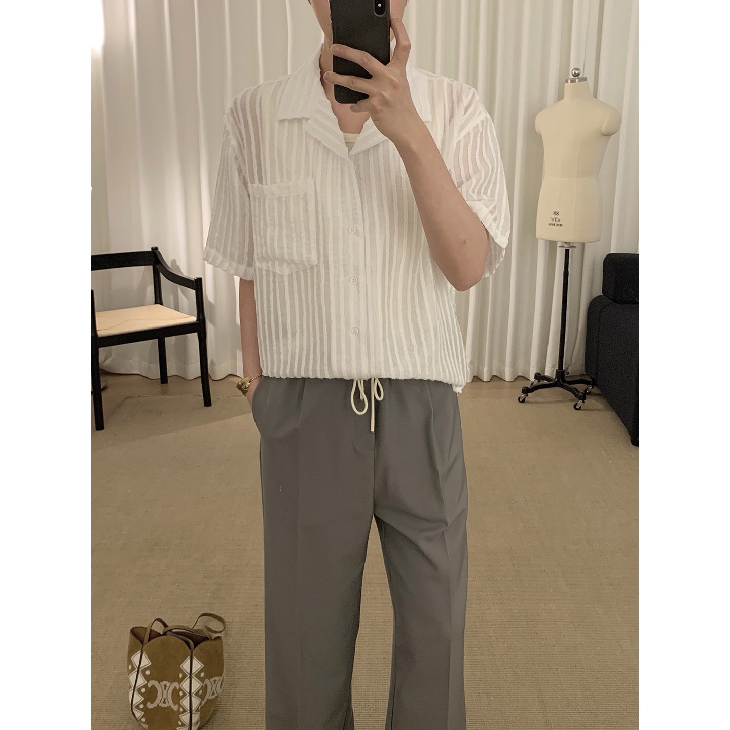 阿茶与阿古白色古巴领短袖衬衫男款夏季微透薄款宽松休闲条纹衬衣