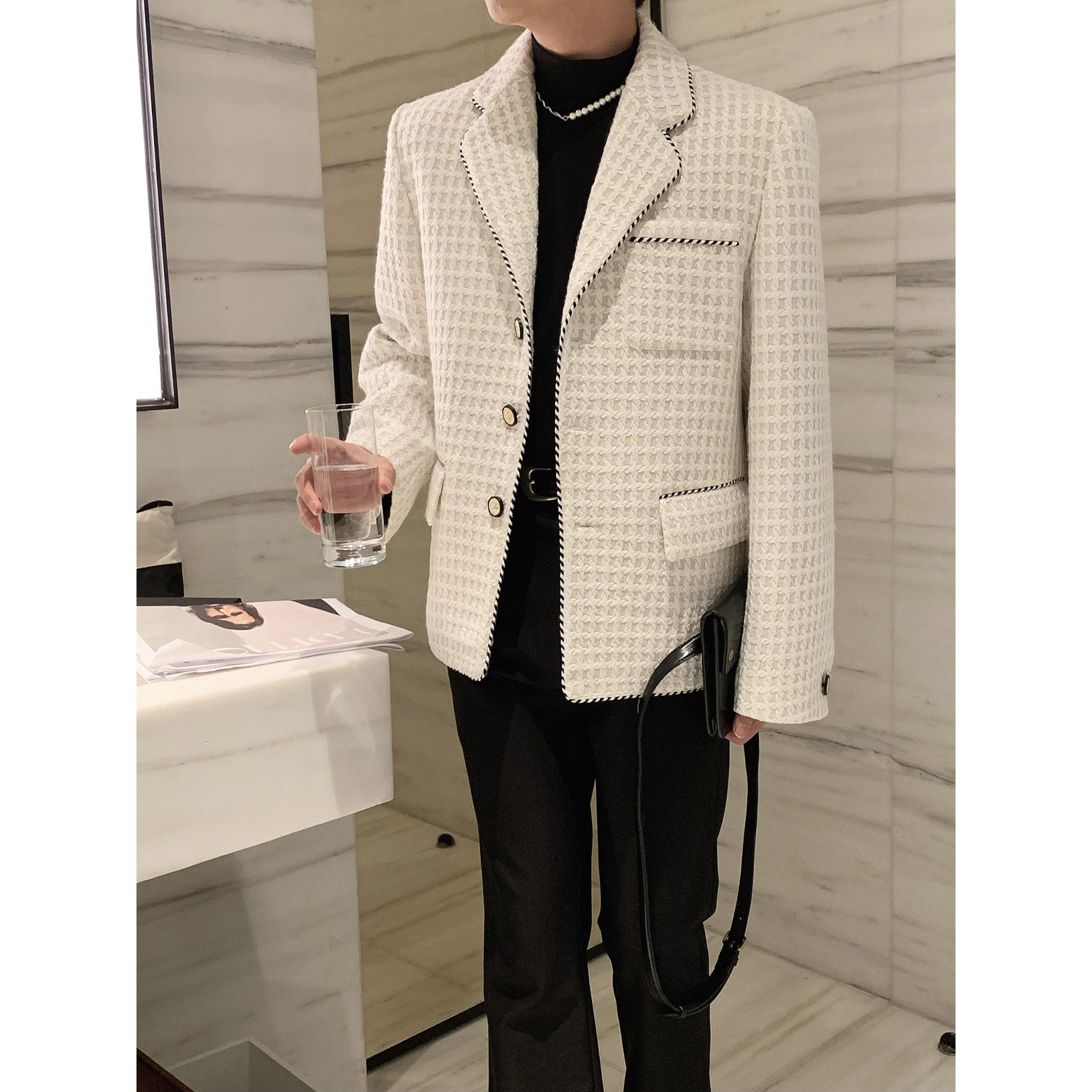 阿茶与阿古白色小香风西装外套男秋冬新款韩版痞帅宽松休闲西服