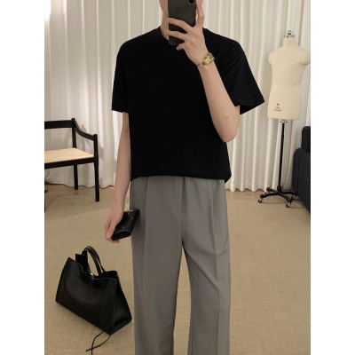 阿茶与阿古黑色做旧破洞短袖t恤男款夏季潮流宽松休闲基础款上衣