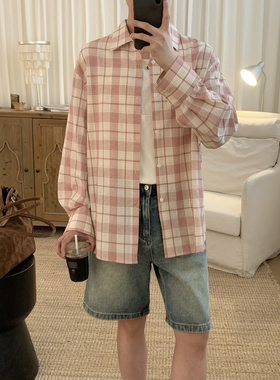 阿茶与阿古红色格子衬衫男长袖夏季薄款韩版潮流宽松休闲防晒衬衣