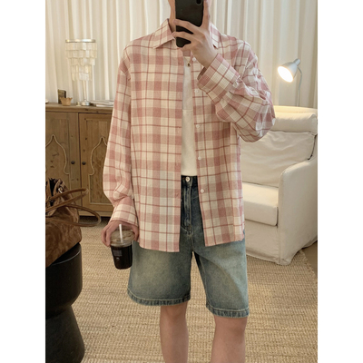 阿茶与阿古红色格子衬衫男长袖夏季薄款韩版潮流宽松休闲防晒衬衣