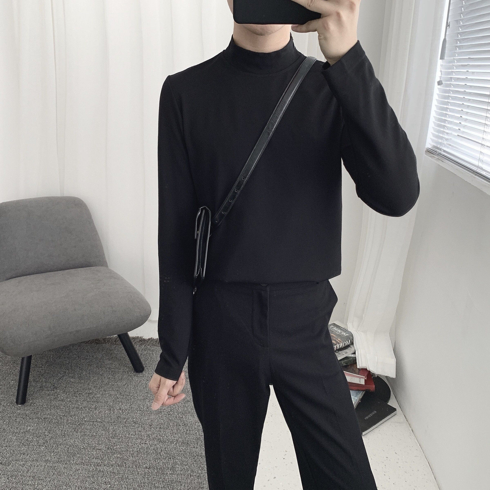 阿茶与阿古秋季半高领黑色长袖T恤男韩版基础款休闲打底衫上衣