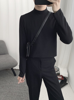 阿茶与阿古秋季半高领黑色长袖T恤男韩版基础款休闲打底衫上衣