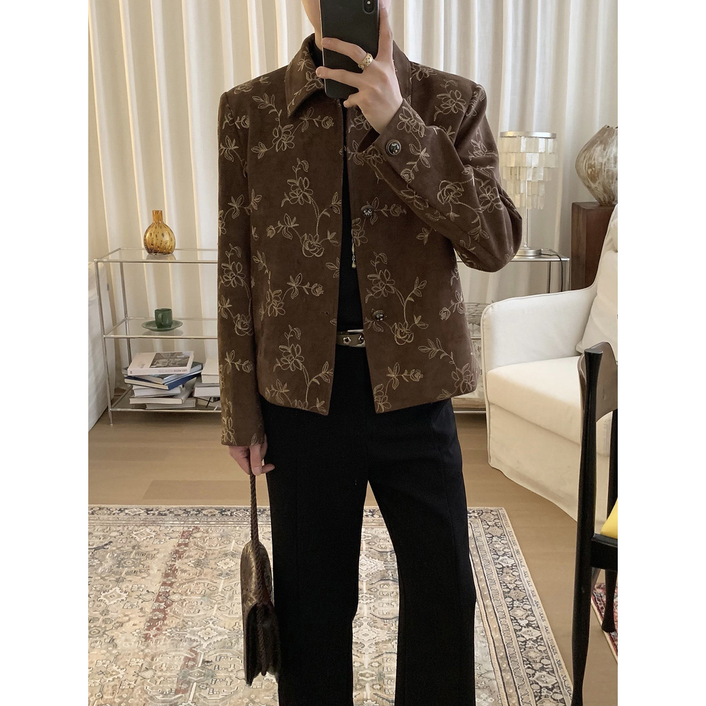 阿茶与阿古棕色麂皮绒刺绣外套男款秋季简约复古高级感休闲夹克