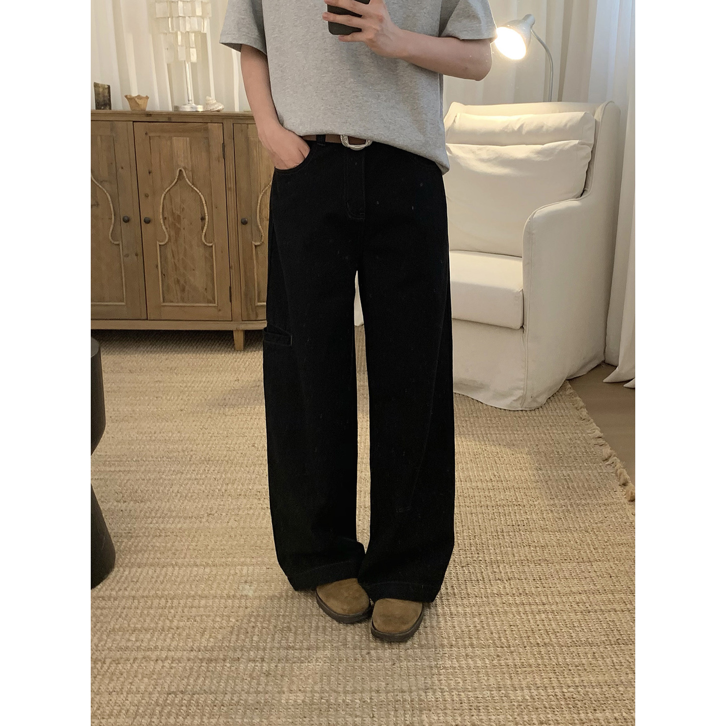 阿茶与阿古黑色撞线牛仔裤男款夏季韩版潮流宽松休闲百搭直筒长裤