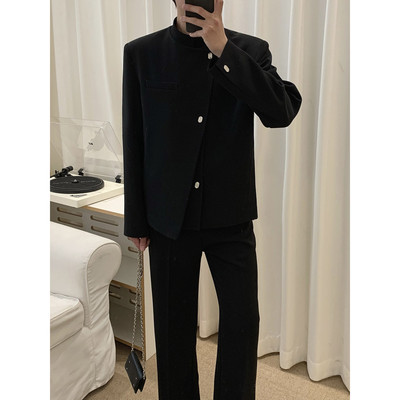 阿茶与阿古黑色新中式立领外套男款春季小众斜门襟设计高级感夹克