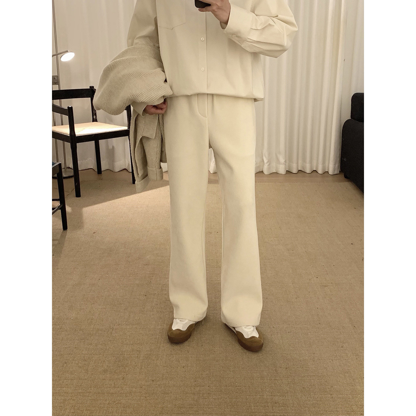 阿茶与阿古杏色雪尼尔加绒裤子男款秋冬韩版基础款宽松休闲长裤