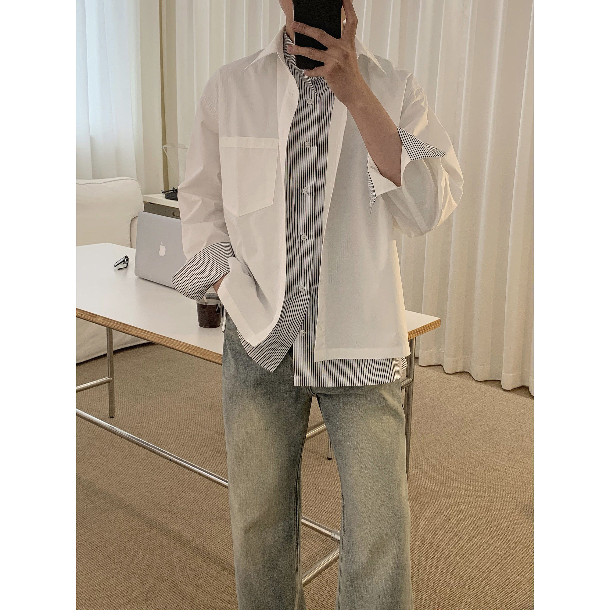 阿茶与阿古假两件白衬衫男款春季长袖韩版高级感痞帅宽松休闲衬衣