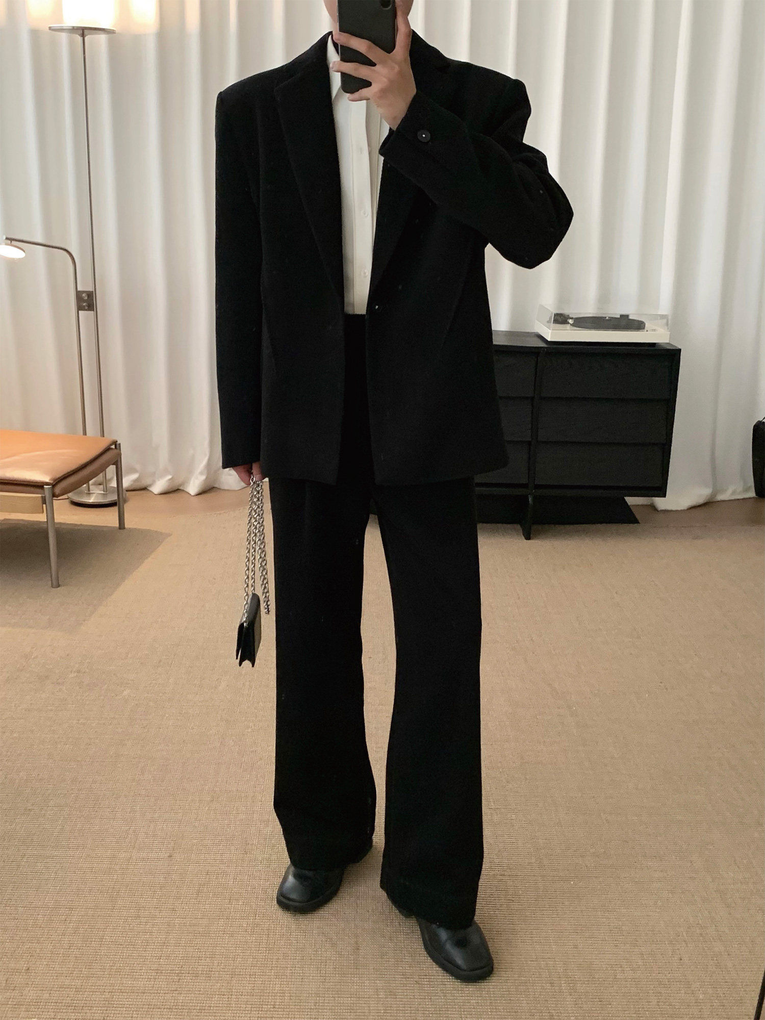 阿茶与阿古黑色毛呢西装套装男秋冬新款休闲西服外套拖地西裤