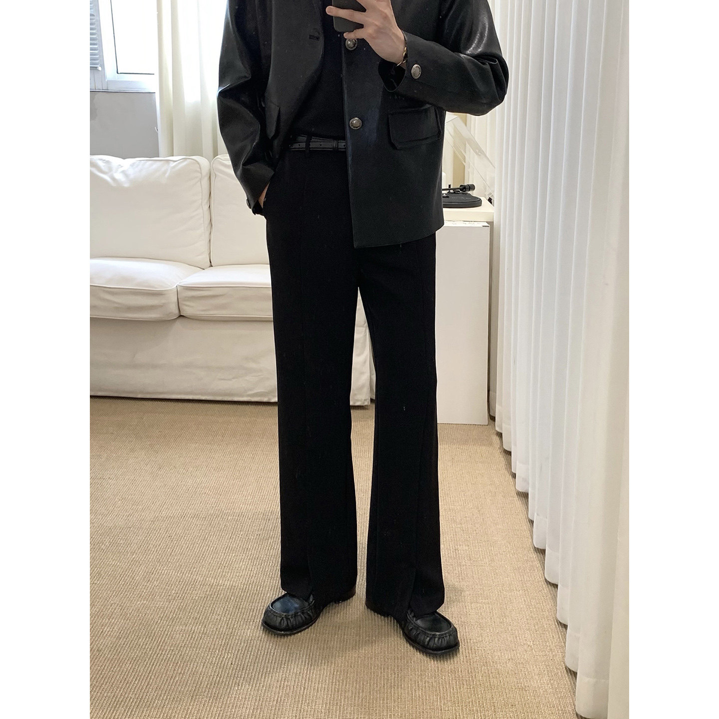 阿茶与阿古黑色开叉西裤男款秋季韩版潮流直筒宽松显瘦休闲长裤