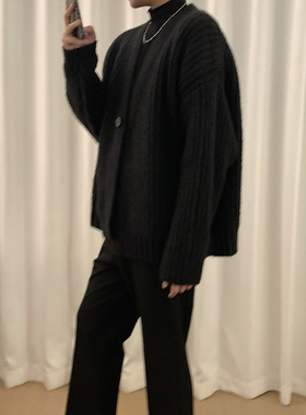 阿茶与阿古黑色粗针针织开衫男秋冬复古韩版重磅休闲宽松毛衣外套