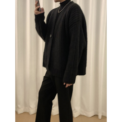 阿茶与阿古黑色粗针针织开衫男秋冬复古韩版重磅休闲宽松毛衣外套
