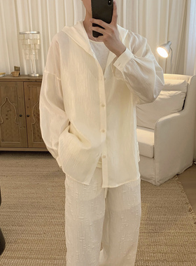 阿茶与阿古白色肌理感连帽衬衫男长袖夏季韩版潮流宽松休闲衬衣