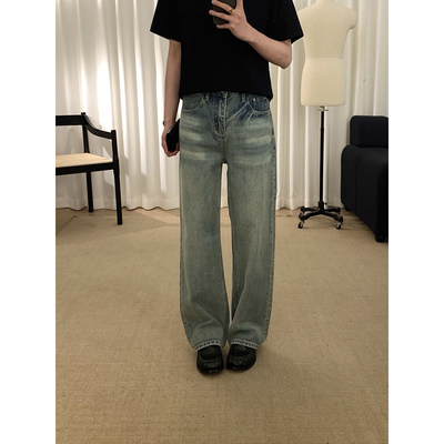 阿茶与阿古蓝色直筒牛仔裤男款春季复古做旧阔腿宽松休闲长裤