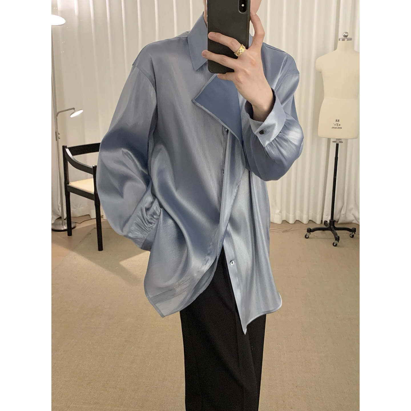 阿茶与阿古蓝色流光感衬衫男夏季薄款异门襟设计感休闲长袖衬衣