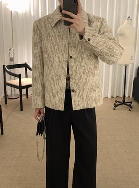 阿茶与阿古秋季杏黄色小香风外套男款韩版新款宽松休闲夹克上衣