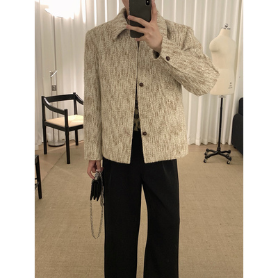 阿茶与阿古秋季杏黄色小香风外套男款韩版新款宽松休闲夹克上衣