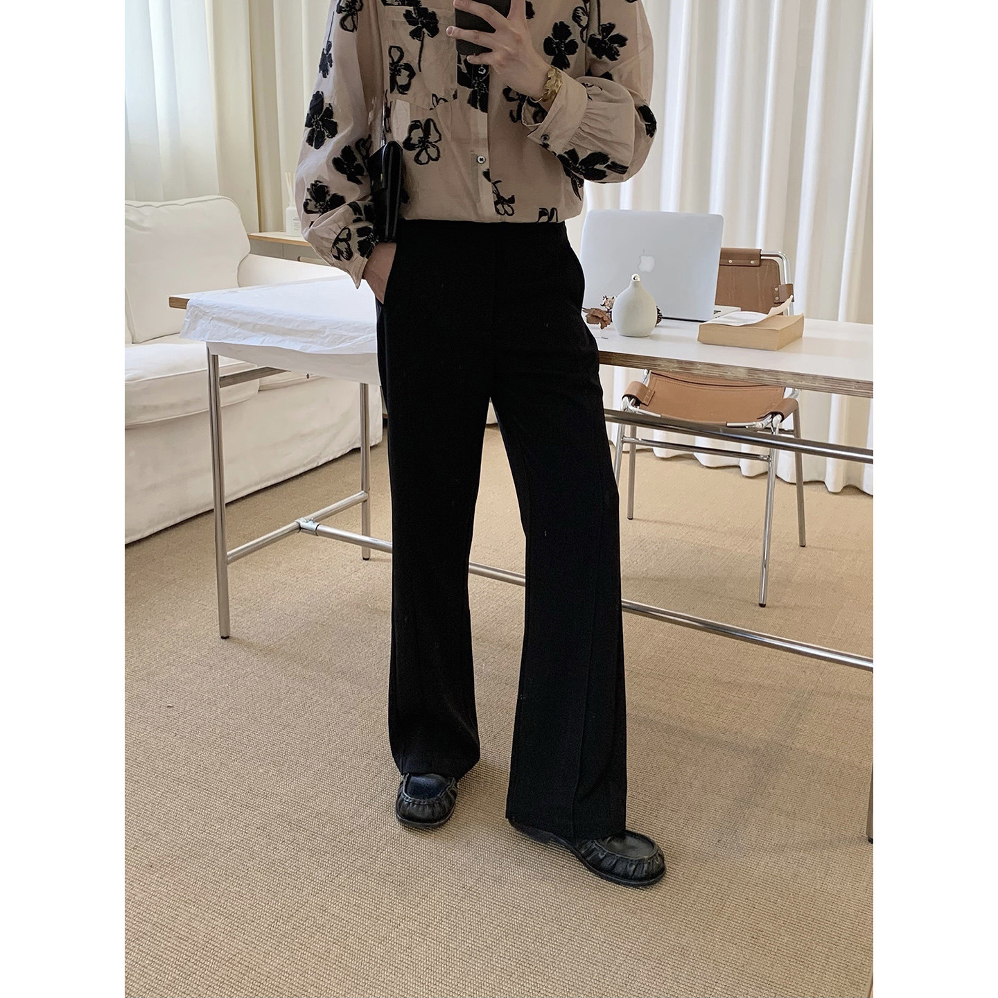 阿茶与阿古黑色剪裁拼接直筒西裤男款夏季时髦百搭宽松休闲长裤