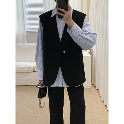 阿茶与阿古黑色西装马甲男款2025春季韩版宽松休闲无袖西服外套
