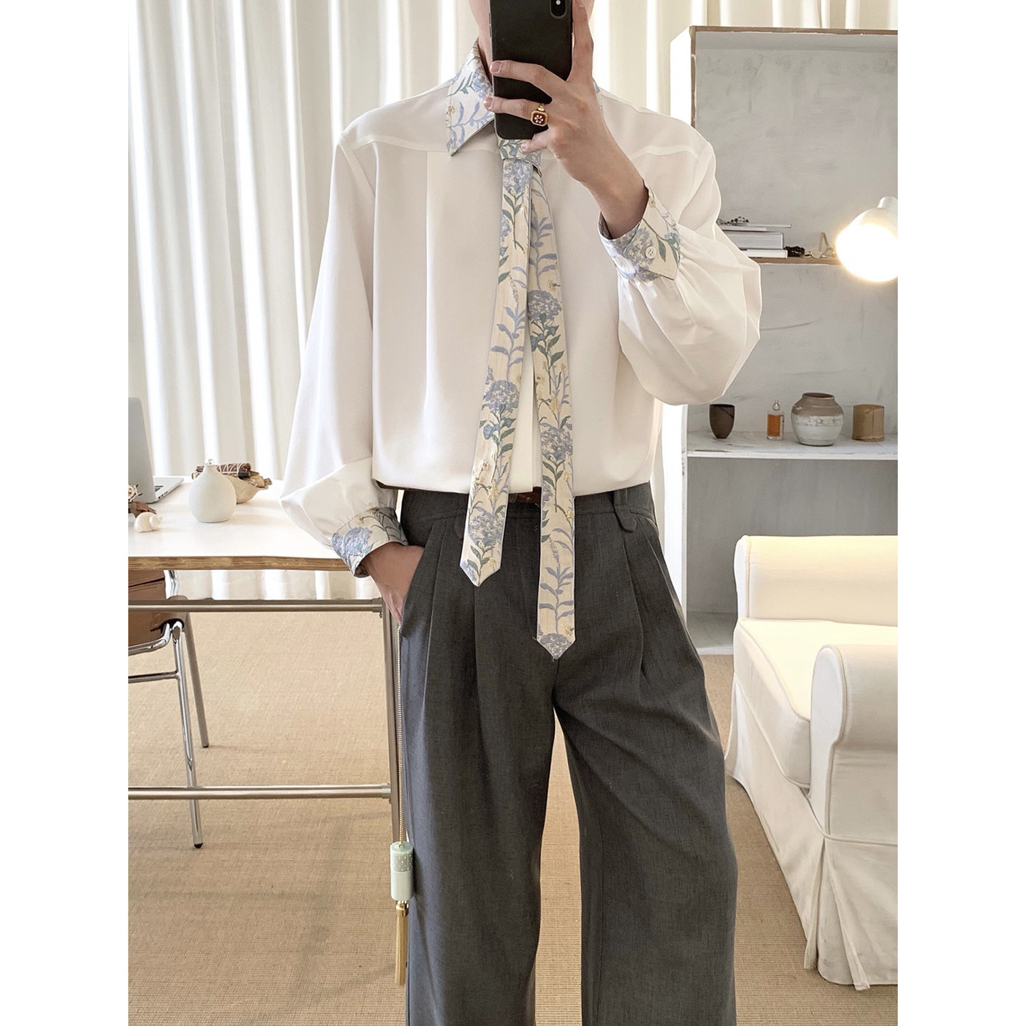 阿茶与阿古刺绣拼边白衬衫男长袖秋季新中式设计感宽松领带衬衣