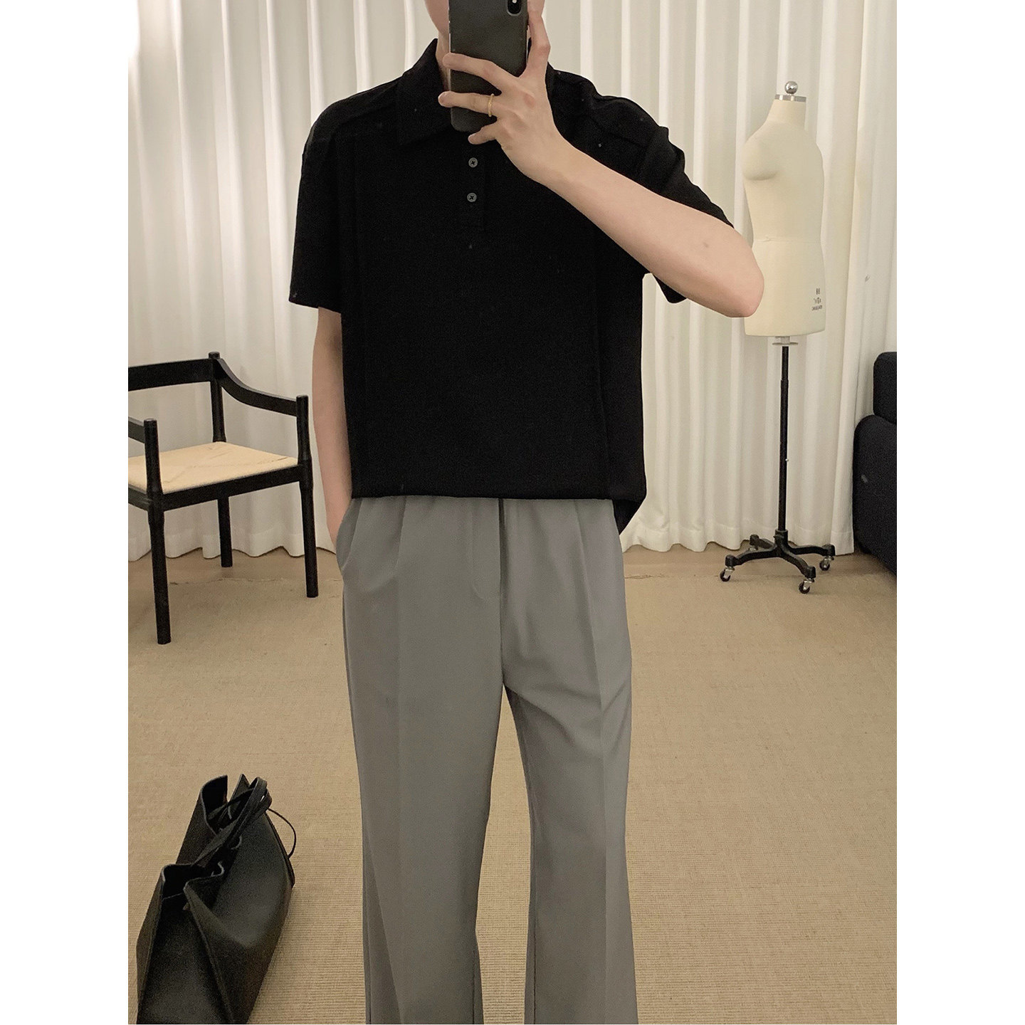 阿茶与阿古黑色翻领短袖t恤男款夏季宽松高级感空气层休闲上衣