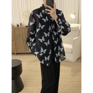 微透宽松防晒衬衣 薄款 阿茶与阿古蝴蝶印花衬衫 男高级感痞帅夏季