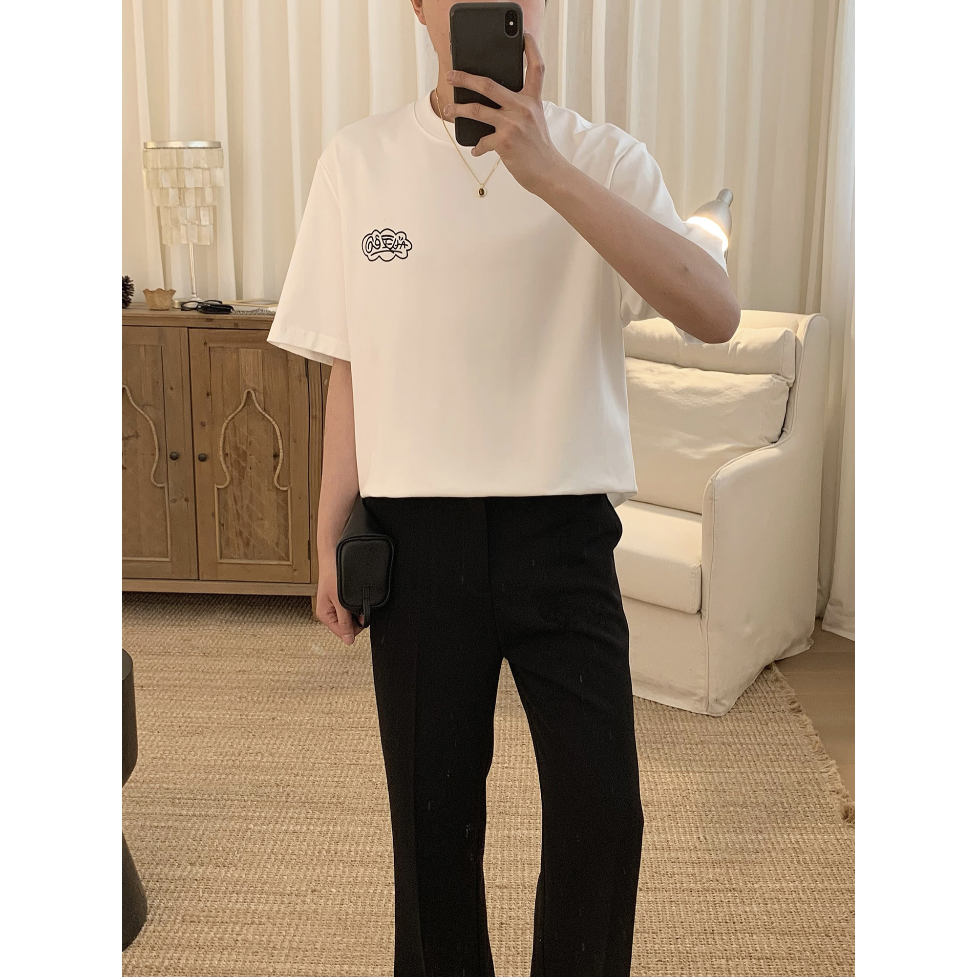 阿茶与阿古白色双面刺绣短袖男女同款夏季潮流宽松休闲百搭t恤