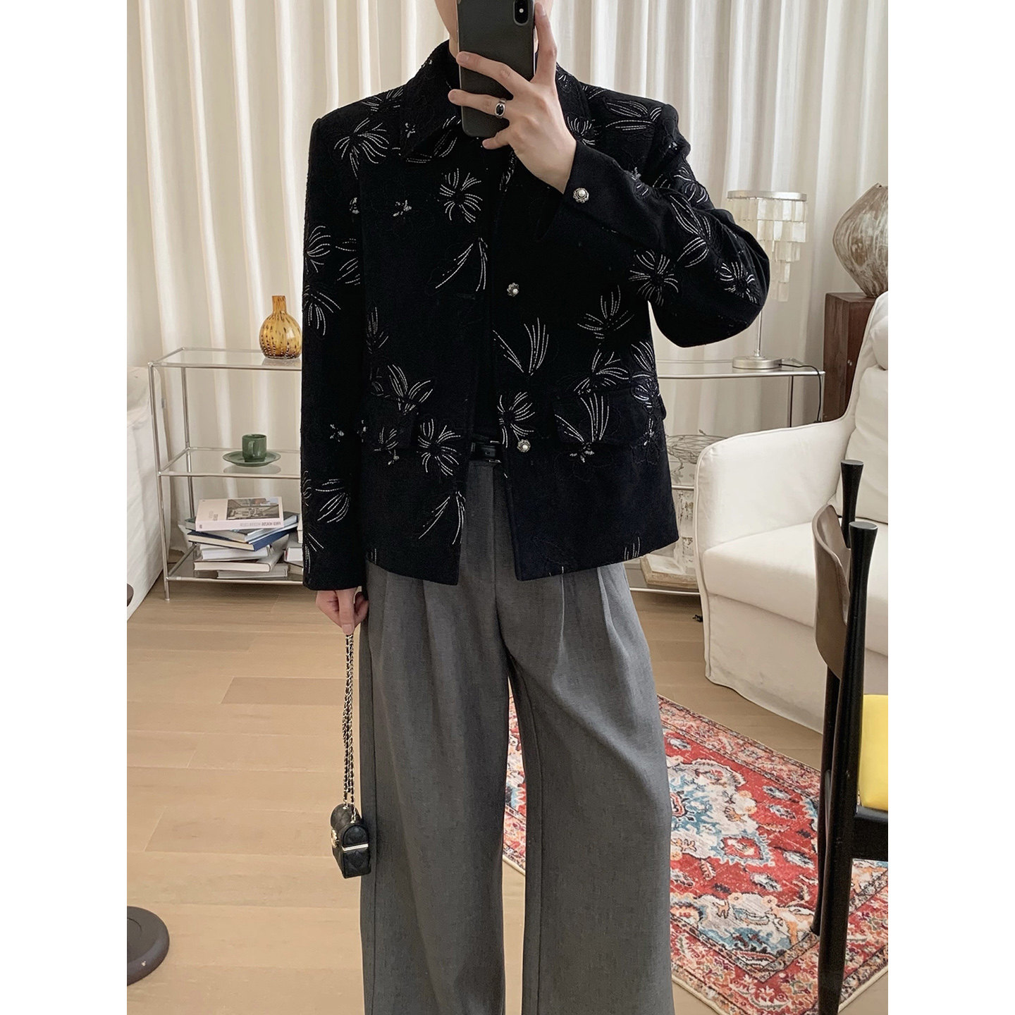 阿茶与阿古黑色花卉刺绣外套男款秋季复古宽松休闲麂皮夹克上衣