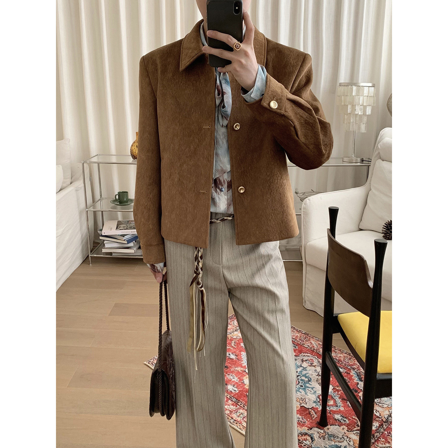 阿茶与阿古棕色麂皮绒正肩外套男款秋季宽松休闲气质通勤夹克上衣