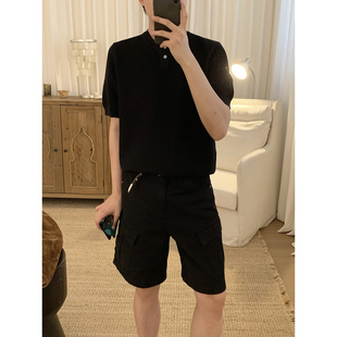 阿茶与阿古黑色纽扣针织衫短袖男款夏季韩版潮流宽松休闲t恤上衣