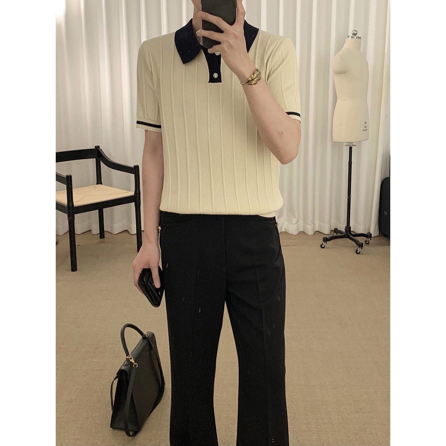 阿茶与阿古撞色华夫格针织polo衫男夏季宽松高级老钱休闲短袖上衣
