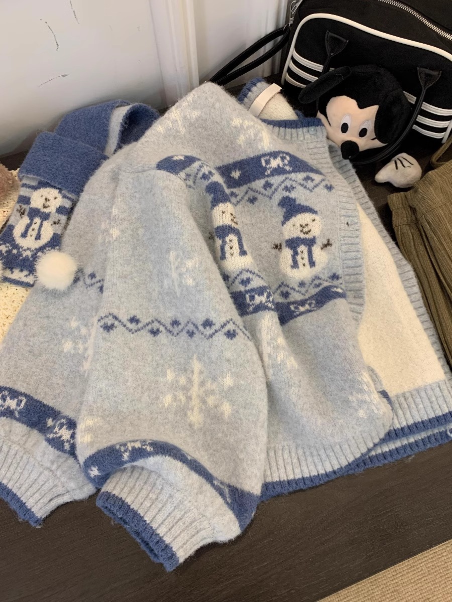 Christmas Outfit Fair Isle Sweater Cardigan for Women, Autumn and Winter Mohair Knit Sweater Jacket, Petite Lazy Style Top