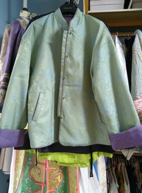 罗绮者淡绿色浮光锦双面穿外套高品质加棉半高领上衣香槟绿色夹棉