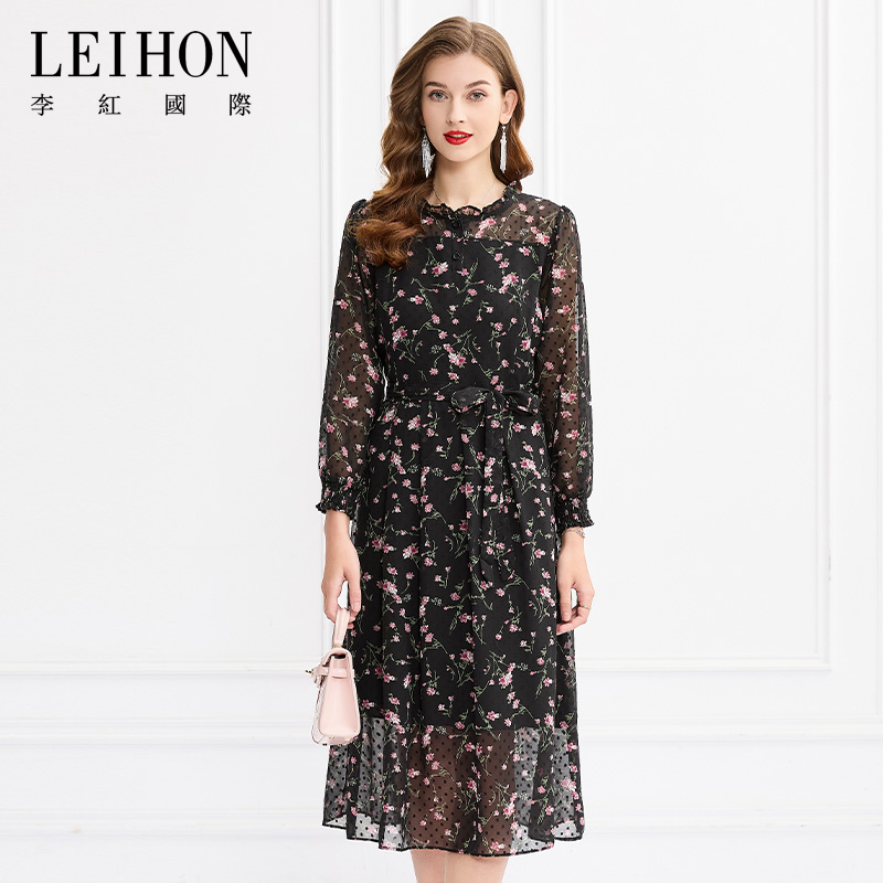 LEIHON/李红国际春夏新款碎花连衣裙荷叶领手工腰带A版显瘦女长裙