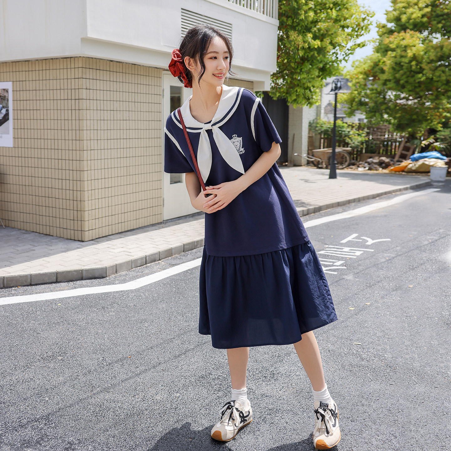 初中生海军领连衣裙夏季2026新款少女宽松洋气学院风高中学生裙子