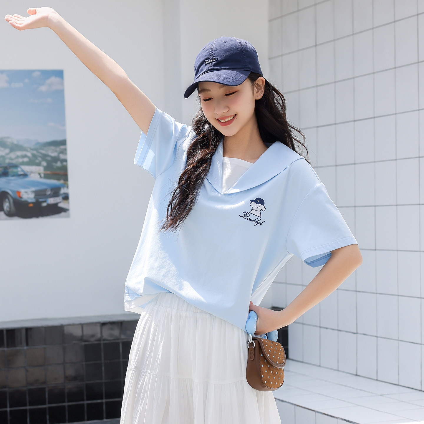 初中生短袖t恤夏装2026新款少女宽松海军领小狗刺绣高中学生上衣