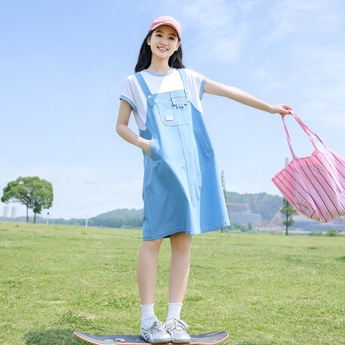 初中生假两件背带牛仔连衣裙夏装