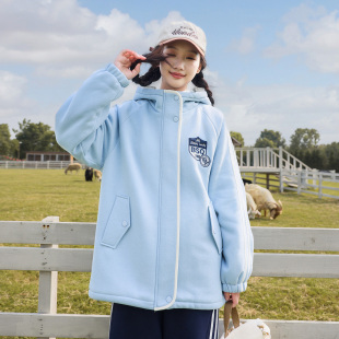 初中生外套秋冬2025新款少女宽松洋气连帽学院风夹棉加厚高中学生