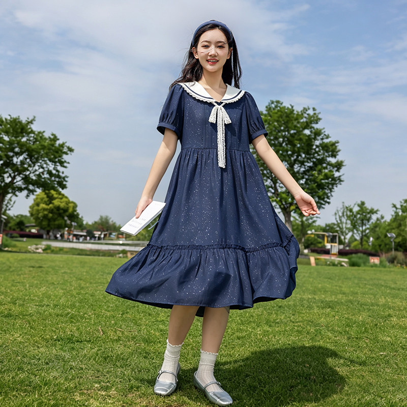 初中生连衣裙夏装2026新款少女蕾丝海军领中长款高中学生仙女裙子