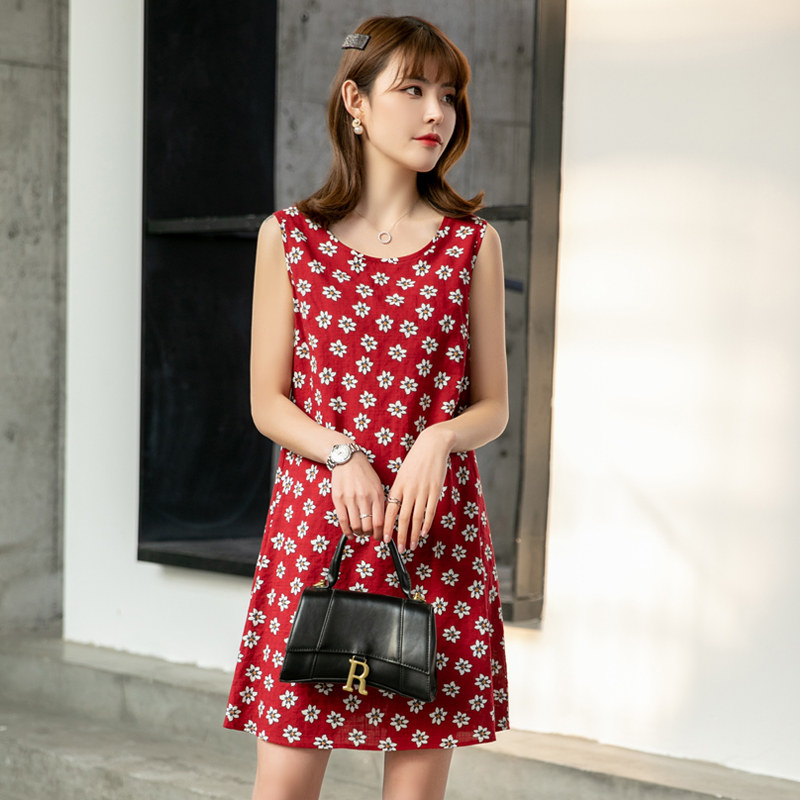 2023年夏季新款圆领小个子显瘦A字裙无袖背心印花连衣裙短裙女