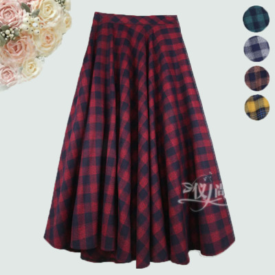秋冬毛呢子大码a字裙中长款女格子长裙松紧高腰显瘦大摆半身裙子