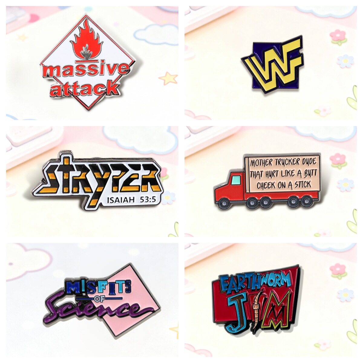 Massive Attack WWF Stryper Earthworm Rock Game Movie Pins - 实物图