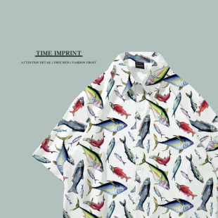 鱼图案沙滩衣服2024新款宽松版速干衬衣港风落肩衬衫夏威夷上衣潮